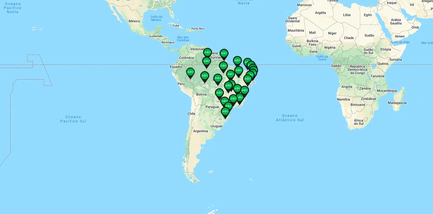 Mapa do Brasil com as cidades já atendidas pela AGV Consulting
